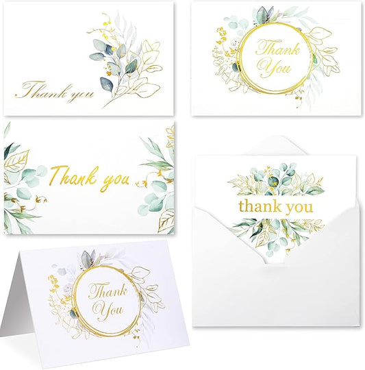 100 Bulk Thank You Cards with Envelopes White and Greenery Gold Foil – Floral watercolor Cards Thank You Notes with Envelopes and Eucalyptus leaves for Wedding Bridal Baby Shower Graduation Fune