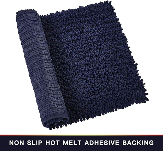 Walensee Bathroom Rug Non Slip Bath Mat (24x17 Inch Navy) Water Absorbent Super Soft Shaggy Chenille Machine Washable Dry Extra Thick Perfect Absorbant Best Small Plush Carpet for Shower Floor