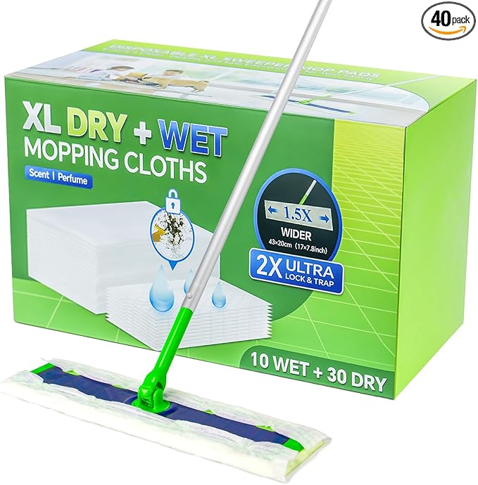 40 Count XL Dry+Wet Mopping Cloths Kit for Swiffer Sweeper XL Mop - Disposable X-Large Mop Pad Refills - Multi-Surface Pads Kit Includes 30 Dry Sweeping Cloths & 10 Wet Mopping Pads for Floor Cleaning