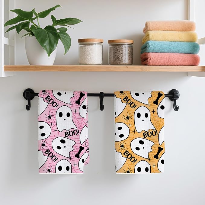 2 Pcs Cute Ghost Kitchen Towels, Halloween Themed Decorative Absorbent Microfiber Dish Cloth Tea Towel, Waffle Soft Hand Towels for Farmhouse Home Bathroom, Halloween Decor