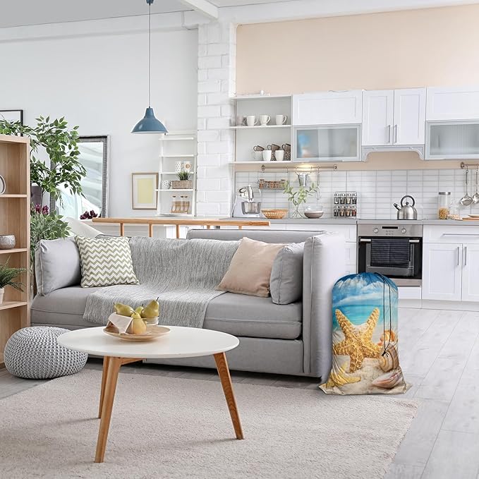 Swono Starfish Laundry Bags for Travel, College, Camping and Gym Seashells On The Beach Blue Sky Coast Shore 28" x 40", Polyester