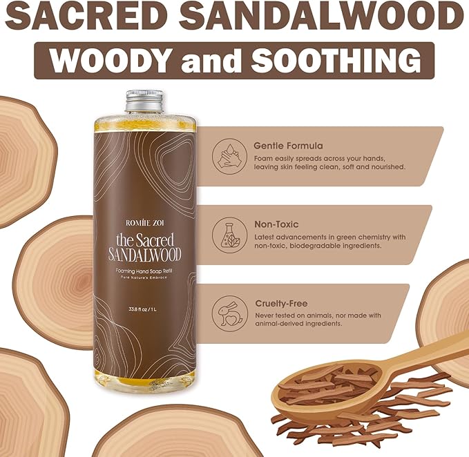 ROMIIE ZOI Foaming Hand Soap Refill Gift Set-3 Pack with Dispenser, Cruelty-Free and Biodegradable Formula, Moisturizing with Essential Oil for Sensitive Skin,Sandalwood Scent,(33.8 Fl Oz x 3)