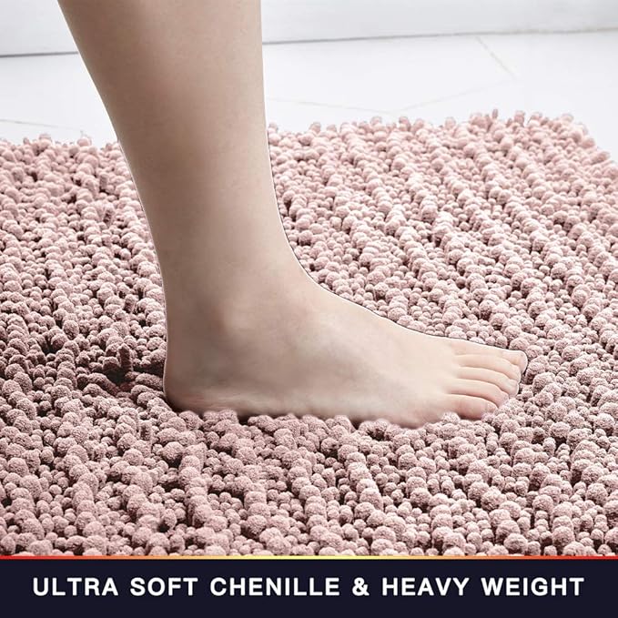 Walensee Large Bathroom Rug Non Slip Bath Mat (72x24 Inch Dusty Pink) Water Absorbent Super Soft Shaggy Chenille Machine Washable Dry Extra Thick Perfect Absorbant Best Plush Carpet for Shower Floor