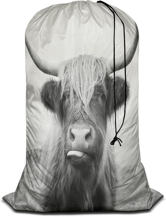 Swono Scottish Highland Cow Extra Large Travel Laundry Bag, Rip-Stop Dirty Clothes Shoulder Bag with Drawstring, Funny Animal Farm Mammal Wildlife Heavy Duty Travel Laundry Bag, 28x40 Inch