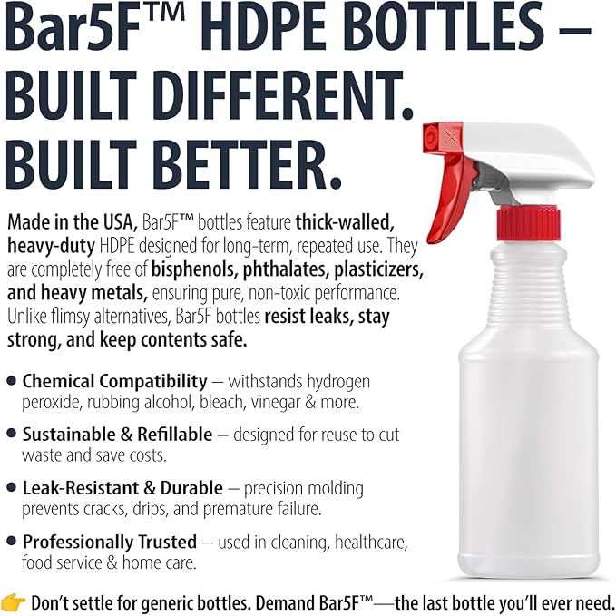 Bar5F 16-Ounce Spray Bottles | HDPE, BPA-Free, Phthalates-Free | All-Purpose, Chemical Resistant | Made in USA, 4- Pack