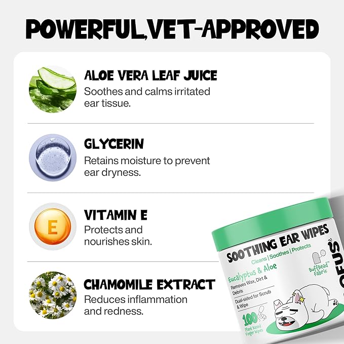 Dog Ear Cleaner Wipes 100 Counts - Pet Ear Wipes to Remove Wax, Dirt, Relieve Ear Itching & Inflammation for Dogs & Cats