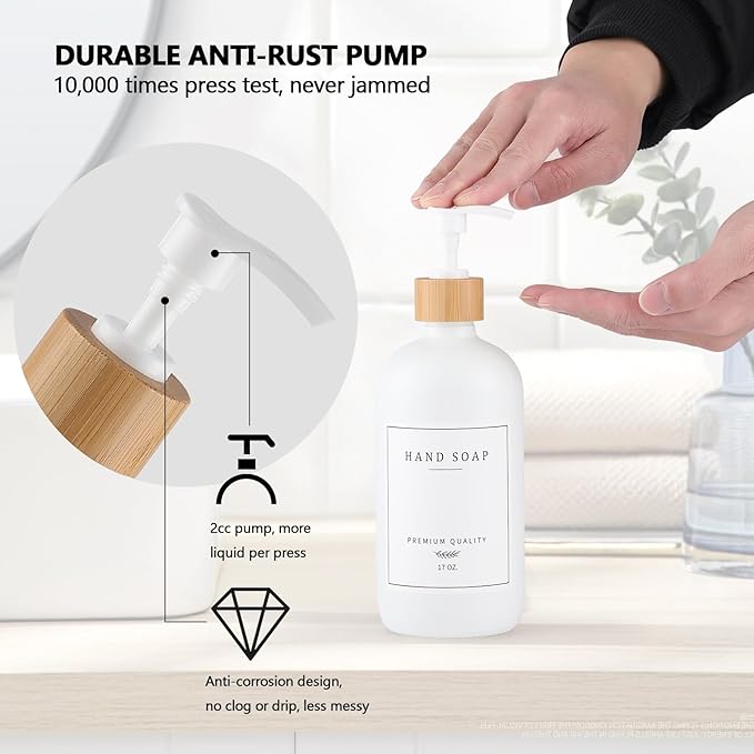 White Glass Soap Dispenser - Hand Dish Soap Dispenser Set for Kitchen, Bathroom with Sturdy Pump and Tray, 14 Waterproof Labels,Refillable Soap Lotion Dispenser-White