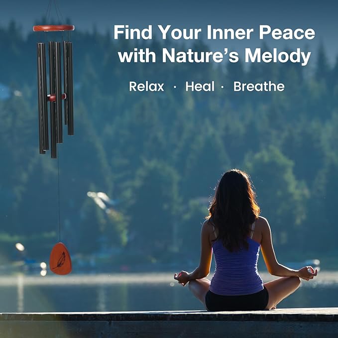 Inspirational Wind Chimes for Outside – Deep Tone Chimes with Wooden Sail | Outdoor Hanging Decor for Patio & Garden | Unique Designs, Healing Gift of Peace & Comfort (Black, 37 Inch)