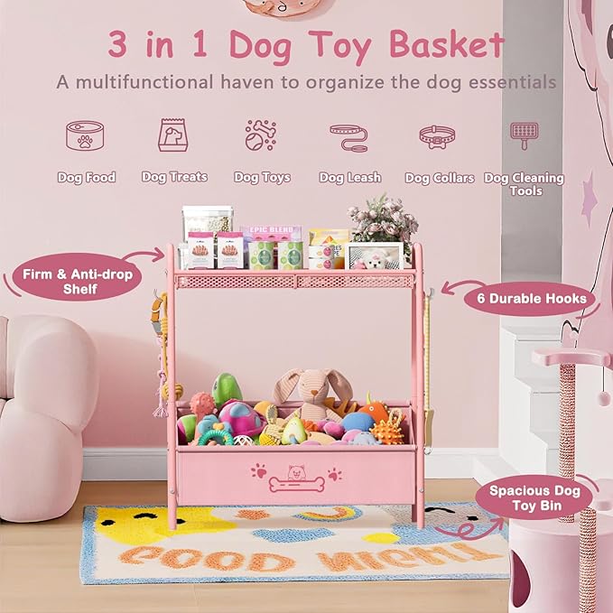 Large Dog Toy Basket (23.6"x11.2"x9.7"), Girl Dogs Toy Bin with Storage Organizer, Trapezoid Pink Toy Box for Dog Stuff Accessories, Pet Toy Storage Holder Chest for Cat Dogs Essential Supplies
