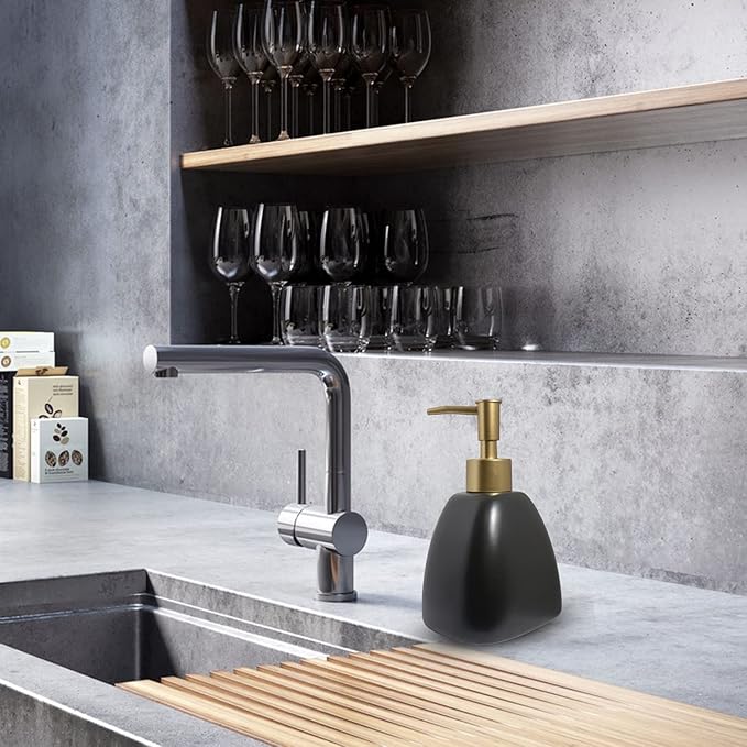 Liquid Soap Dispenser for Bathroom with Gold Pump，Dish Soap Dispenser for Kitchen，Refillable Countertop Lotion Ceramics Black Hand Soap Dispenser for Shower 430ml (Pyramid Matt Black Bottle)