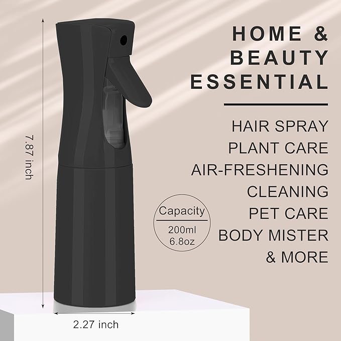 Hair Mister Spray Bottle，Spray Water Bottle Fine Mist Refillable Plants（6.8OZ /200ML） Barber，Showering Pets, Plants, travel, Ironing and Cleaning ﻿ ﻿ ﻿ (Black)