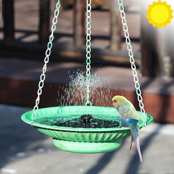 12.3" Hanging Bird Bath with Solar Fountain Bird Bath Bubbler，Birdbath Fountain for Garden Patio Decor,Green