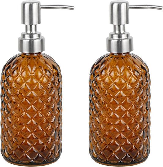 16 oz Diamond Pattern Glass Soap Dispenser, Kitchen and Bathroom Refillable Soap Dispenser with Rust Resistant Stainless Steel Pump for Hand Soap, Lotion Glass Liquid Dispenser(Amber-2pack)