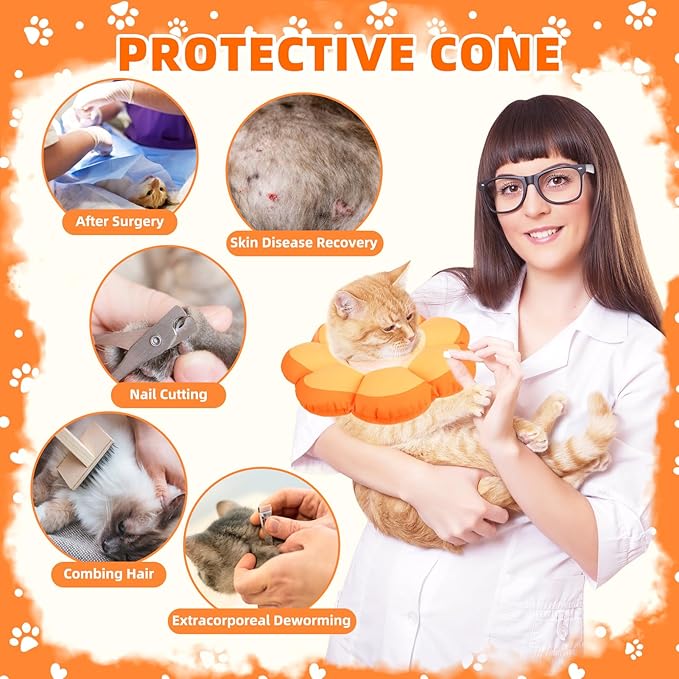 PUPTECK Cat Cone Collar Soft, Adjustable Protective Recovery Flower Collar Alternative, Comfortable Elizabethan Cat Collar Lightweight Stop Licking Neck Cone for Cats After Surgery, Orange, M