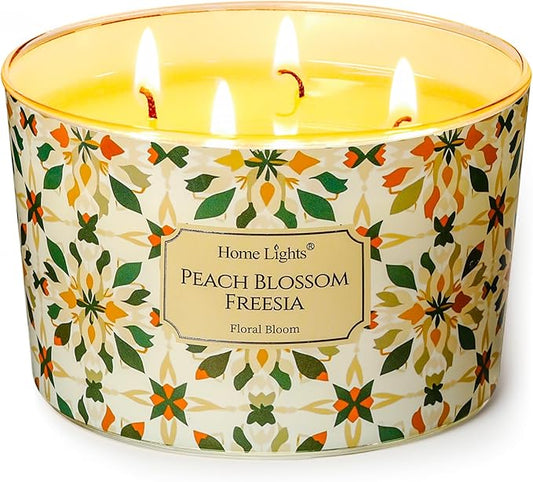 HomeLights Soy Wax Candles for Home Scented, 4-Wick Candles in Peach Blossom Freesia Scented, Aromatherapy Candles Gift for Parties, Relaxing, Bohemian Natural Textures, 18oz