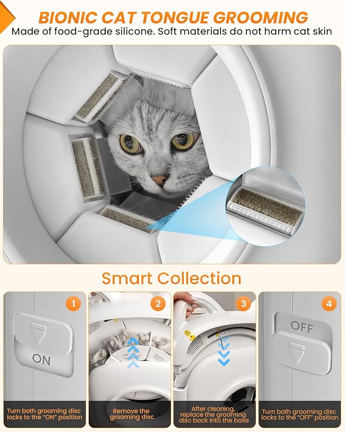 automatic cats self groomer - 360° Surround Skin Friendly cat grooming supplies,Cat Brushes with biomimetic cat tongue brush Include And Smart feeder For Long, or Short Haired [White]