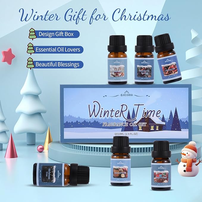 Winter Fragrance Oils, AVEOIRA Essential Oils Gift Set for Diffuser, Candle, Soap Making Scented Oils, Cinnamon, Gingerbread, Christmas Tree, Spiced Cider, Candy Cane, Cranberry Orange