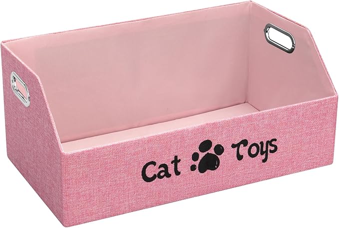 Cat Toy Basket, Kitten Toys Storage Organizer Foldable Fabric Bin Pet Supplies Chest Holder Trapezoid Container with Metal Handles for Organizing Cats Clothes Accessories, Pink