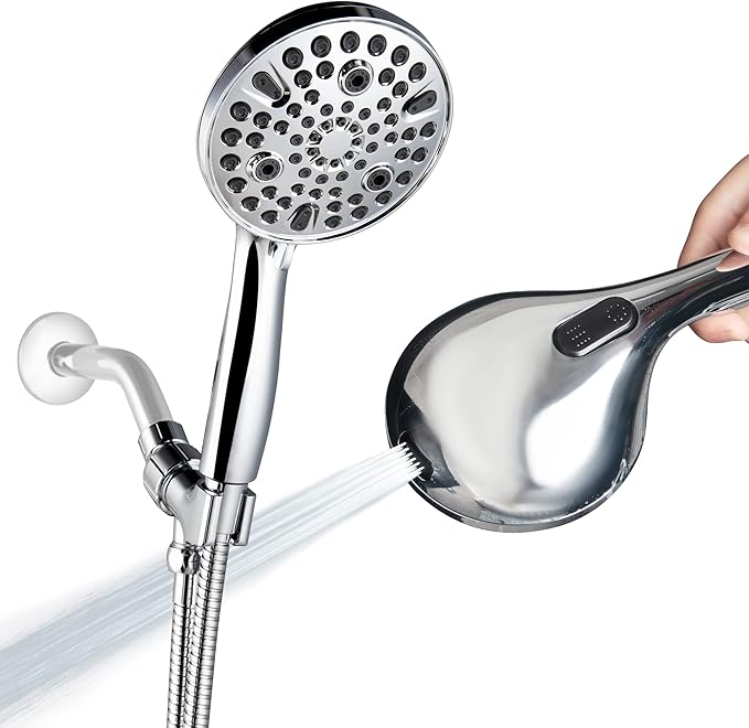 High Pressure Handheld Shower Head, 10-Setting Showerhead, 4.7”Detachable Showerhead Set with 5ft Hose, Adjustable Bracket and Built-in Power Wash to Clean Tub, Tile & Pets - Polished Chrome