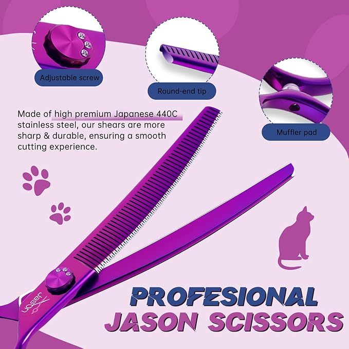 JASON Curved Thinner Dog Scissors - 7” Ergonomic Pet Scissor Purple Curved Thinning Dog Shear 440C Stainless Steel Grooming Shears Professional Pet Shears For Groomer (52-Teeth, Up-curved)