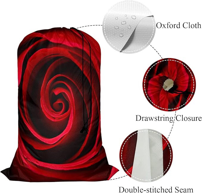 Swono Red Rose Extra Heavy Duty Laundry Bag, Garden Glamour Flower Bud Petal Blossom Valentine X-Large Dirty Clothes Drawstring Bag with Tear Resistant Fabric, Washable Laundry Liner for Hamper