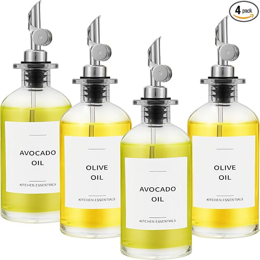 Olive Oil Dispenser Bottle - Includes 55 Kitchen Essential Labels - Cooking Oil Bottles for Kitchen, Coffee Syrup Dispenser - Pourer Spout with 11.8 fl oz Glass Container Cruet - 4pcs Silver