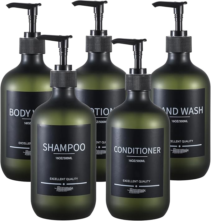 Shower Bottles Refillable with Labels(5Pack Green),Plastic Shampoo Bottles with Pump,Bathroom Bottles with Pump and Labels,Shampoo and Conditioner Bottles