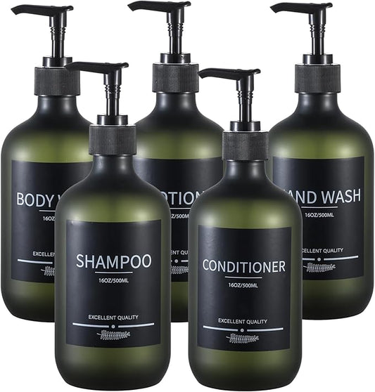 Shower Bottles Refillable with Labels(5Pack Green),Plastic Shampoo Bottles with Pump,Bathroom Bottles with Pump and Labels,Shampoo and Conditioner Bottles