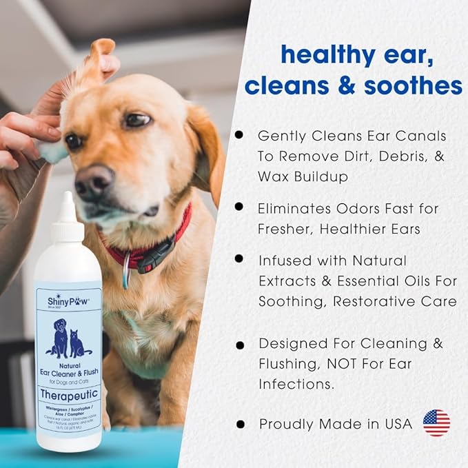 Dog Ear Cleaner Solution for Dogs & Cats 16 oz by Shiny Paw | Wintergreen, Camphor & Aloe – Gentle Ear Flush for Pets Health | Dog Ear Wash | Made in The USA