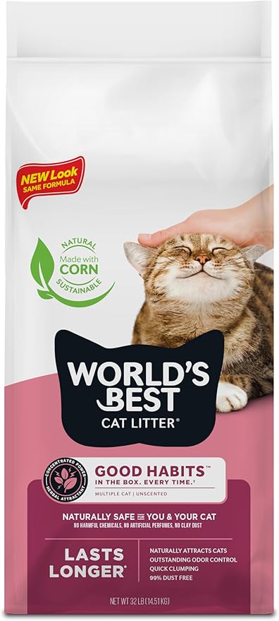 WORLD'S BEST CAT LITTER Good Habits Cat Attract Litter | Natural Plant-Based Attractant | Multicat Flushable Corn Litter | Unscented Odor Control | Low Tracking & Lightweight | Made in USA 32lb Bag