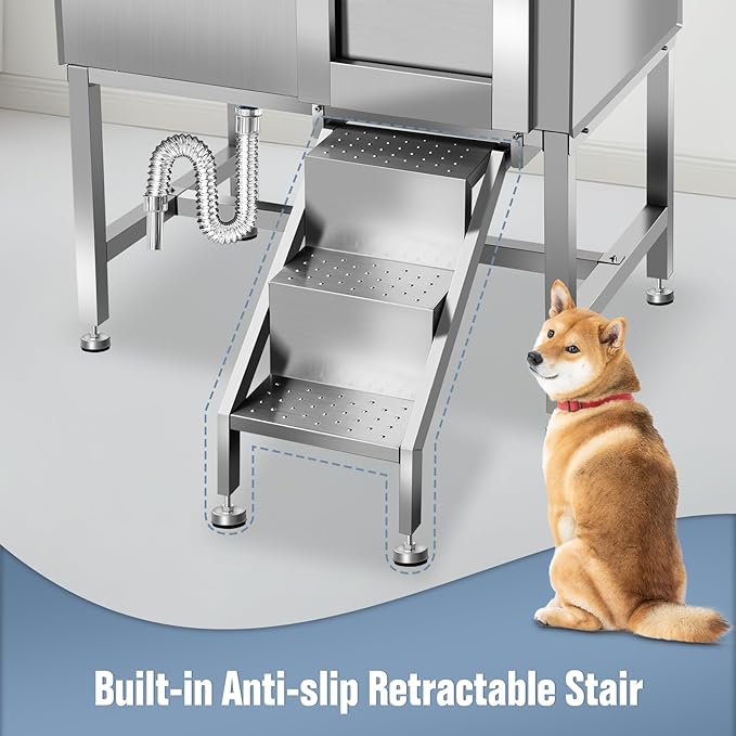 38" Pet Dog Bathing Station W/Ramp, Professional Stainless Steel Dog Grooming Tub W/Soap Box, Faucet, Rich Accessory, Dog Bathtub for Large, Medium, Small Pets, Washing Sink for Home,R-RAMP