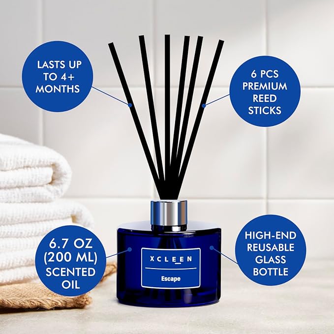 Reed Diffuser, 6.7 Oz Escape Scented Diffuser with Sticks, Long Lasting Fragrance Air Freshener, Bathroom Shelf Decor