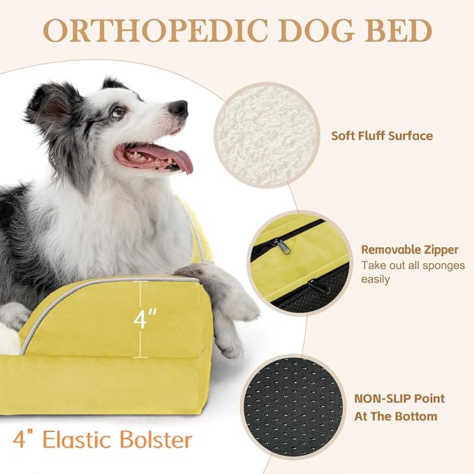 Comfort Expression Orthopedic Dog Bed for Large Dogs 38x25 Inch, Waterproof Egg Crate Foam Large Pet Bed with Removable Bolsters, Dog Couch with Washable Cover & Non-Slip Bottom, Spicy Mustard