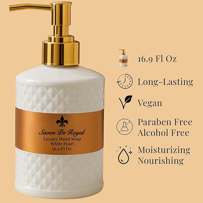 Luxury Liquid Hand Soap, Musk - Vanilla Scent, Moisturizing Vegan Kitchen & Bathroom Soap for Hand Wash, Gentle & Nourishing Formula, Refillable Bottle 16.9 Fl Oz, White Pearl