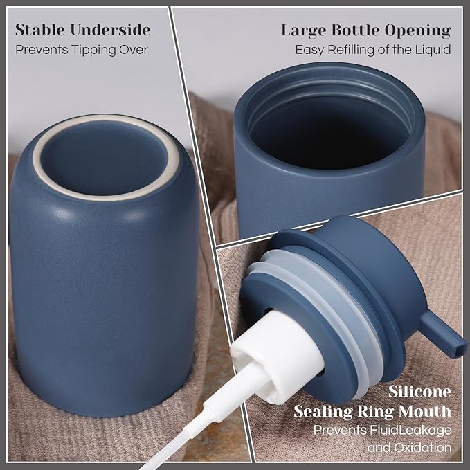 INGOFIN Ceramic Foaming Soap Dispenser Set, 2 Pack (12 oz) Bathroom Foam Hand Soap Dispenser with Pump, Hand and Dish Dispenser Set with 8 Pcs Clear Stickers,for Kitchen- Matte Blue