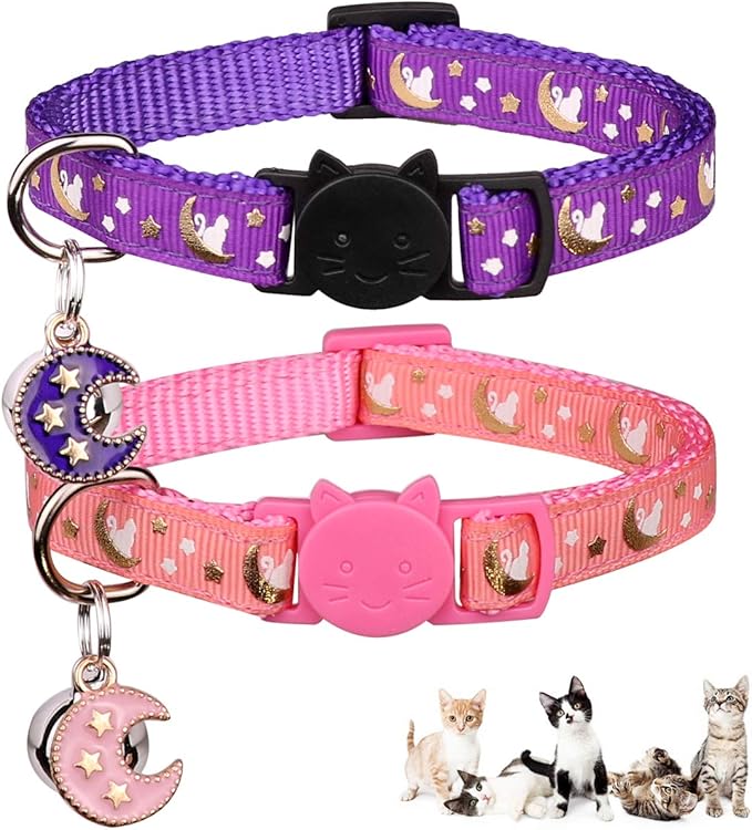 2Pcs Breakaway Cats Collars Cat Collars for Boy & Girl Cats Adjustable Kitten Collars with Bell,Pink+Purple,8"-13.1"