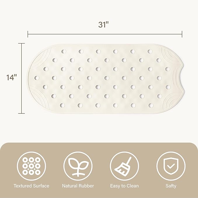 Rubber Bathtub Mat Shower Mat Non-Slip, 31x14 Inch, Bath Tub Floor Mat with Suction Cups and Drainage Holes, Ivory White