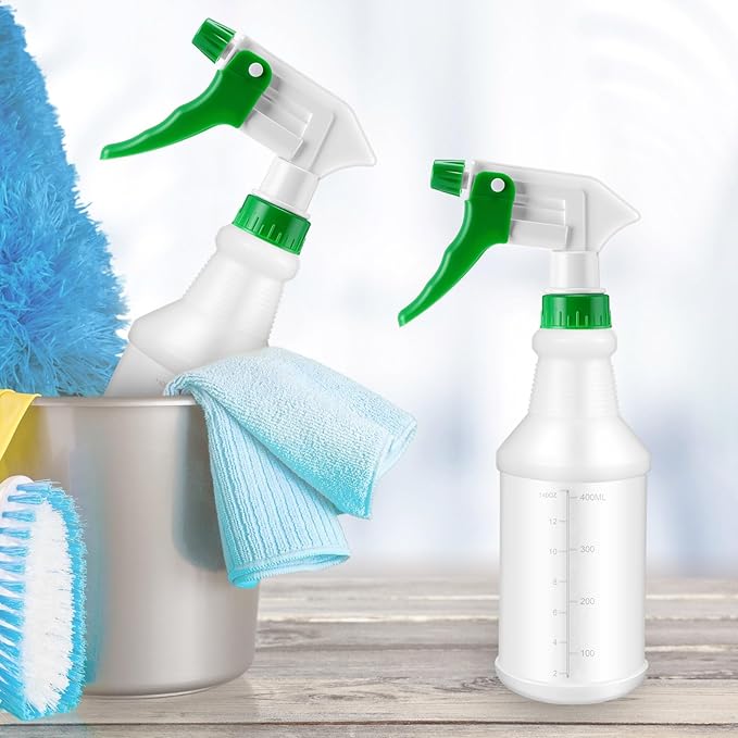 Eccliy 20 Pack 16oz Empty Spray Bottles, Leakproof Cleaning Bottles with Measurement and Adjustable Nozzle for Housekeeping, Commercial Use(Cylinder,Green White New Spray Head)