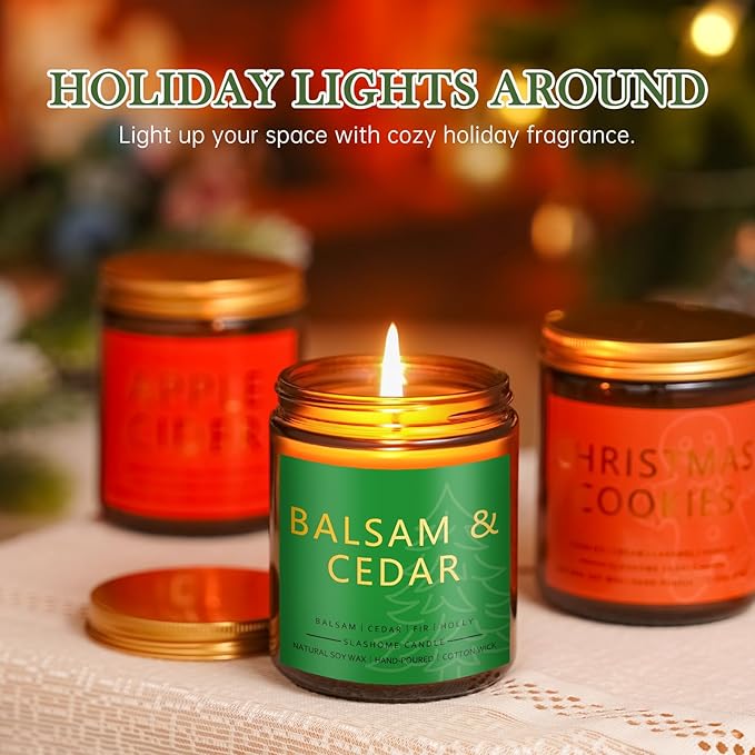 Christmas & Winter Candle Gift Set, 6 Pack 7oz Soy Scented Candles for Home, Holiday & Birthday Gift for Women & Men, Balsam Cedar, Christmas Cookies & Spices, Apple Cider, Hot Cocoa & Hello Winter