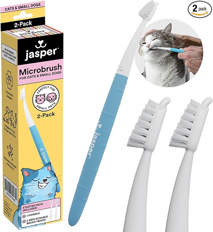 Jasper Microbrush Vet Approved Cat Toothbrush, Soft-Bristled Toothbrush Kit for Felines & Small Dogs, Non-Slip Handle with 2 Replaceable Tooth Brush Heads, Use with Cat Toothpaste