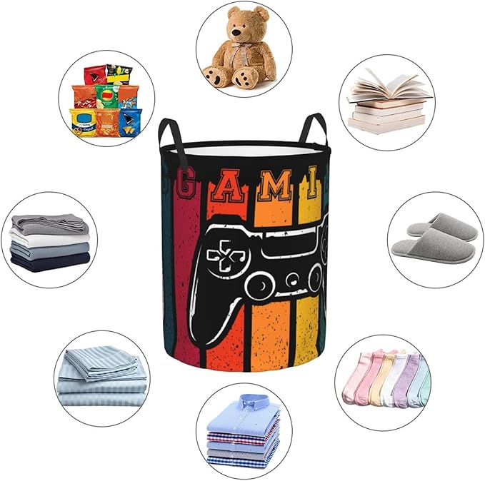 Gaming Laundry Hamper Bag With Waterproof Liner - Game Joystick Retro Style Round Laundry Basket Foldable Clothes Storage Organizer For Bathroom Bedroom Nursery Dorm, M-19.6"X 15.7"