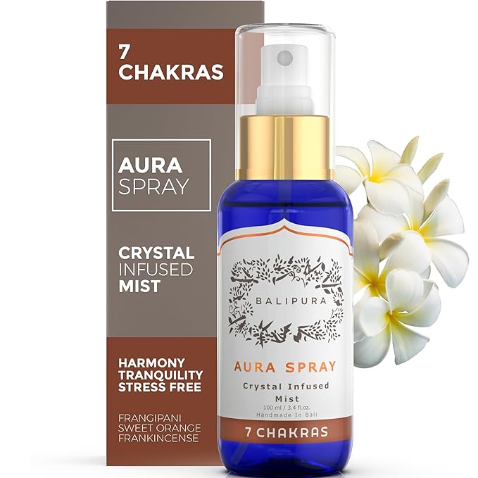 BALIPURA - 7 Chakra Aura Crystal Mist Spray with Frankincense, Sweet Orange, and Frangipani - Energy Cleansing and Spiritual Harmony