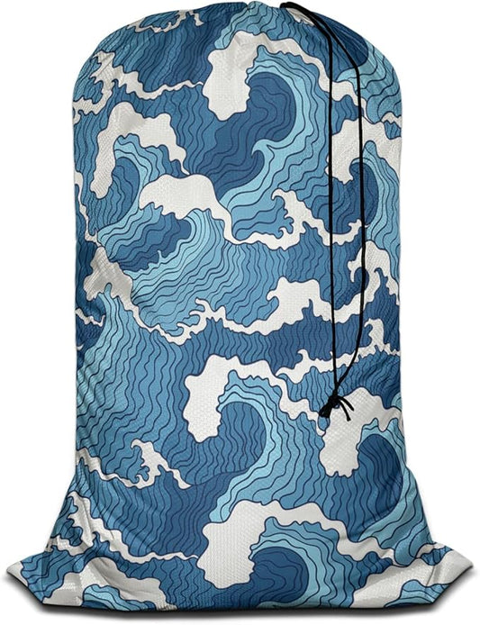 Swono Wave Large Collapsible Laundry Bag - Surf Sea Cartoon Blue White Foldable Hamper, Football Grid Oxford Cloth, Holds 4 Loads, Ocean Theme