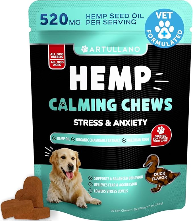 Hemp Calming Chews for Dogs - Dog Calming Chews - Dog Anxiety Relief Treats with Hemp Oil, Turmeric, Valerian, Ginger - Health and Wellness Supplements for Dogs - Hip and Joint Support - 70 Treats