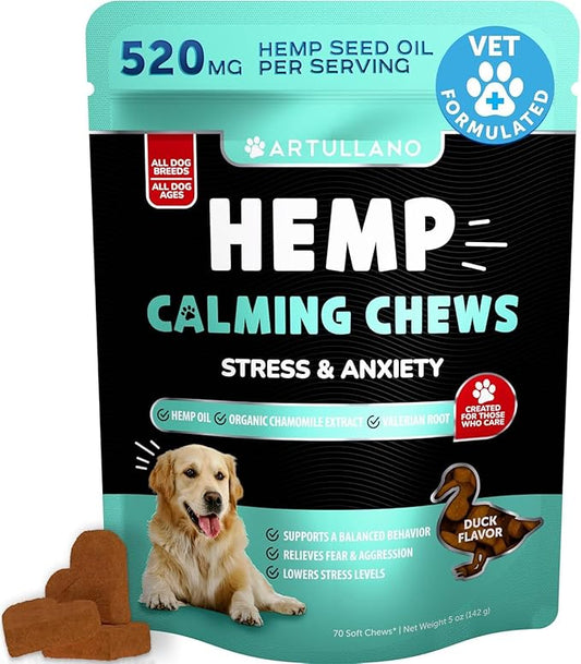 Hemp Calming Chews for Dogs - Dog Calming Chews - Dog Anxiety Relief Treats with Hemp Oil, Turmeric, Valerian, Ginger - Health and Wellness Supplements for Dogs - Hip and Joint Support - 70 Treats