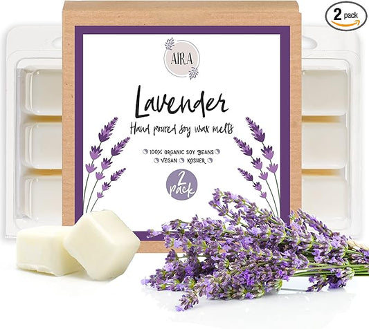 Aira Soy Wax Melt - Organic, Vegan, Kosher, Scented Soy Wax Cubes w/Essential Oil Blends - No Chemical 100% Soy Wax Melts for Tealight Melters - Hand-Poured Soy Tarts - Pure Lavender - 2 Pack