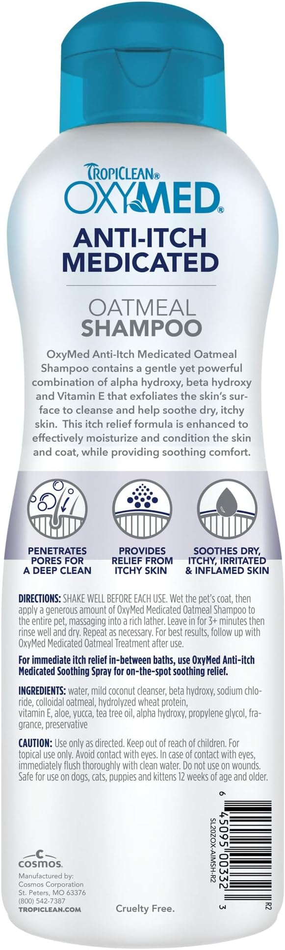 TropiClean OxyMed Dog Shampoo for Allergies and Itching , Medicated Oatmeal Shampoo for Dry Itchy Skin, Seborrhea, & Hot Spots, Cat Safe, 20oz.