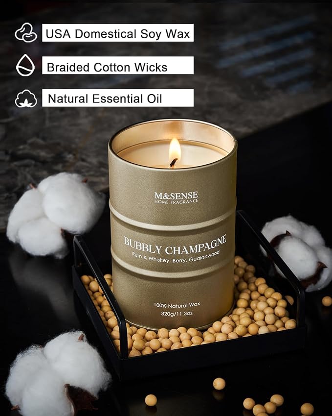 M&SENSE Bubbly Champagne Scented Candles - Home & Gift, Natural Soy, 70 Hour Burn Time, 11.3 oz