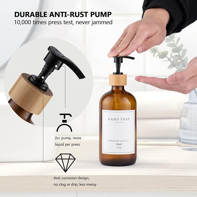 Amber Glass Soap Dispenser - Dish Hand Soap Dispenser for Kitchen Set, Soap Lotion Dispenser Bathroom with Sturdy Pump and Tray, 14 Waterproof Labels,Refillable Dispenser-Amber