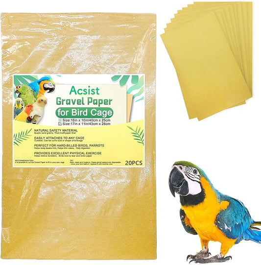 20PCS Gravel Paper for Bird Cage, 17 x 11 inch Cuttable Sea Sand Paper Liners, Calcium Sandpaper for Hard-Billed Birds, Bird Cage Liners for Parrots,Cockatiels & All Your Feathered Friends